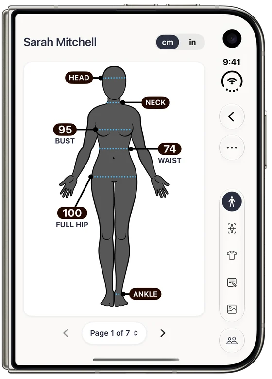 Sarah Mitchell’s body figure on the closed iPhone Duo, labelled bust 95, waist 74 and full hip 100 cm.