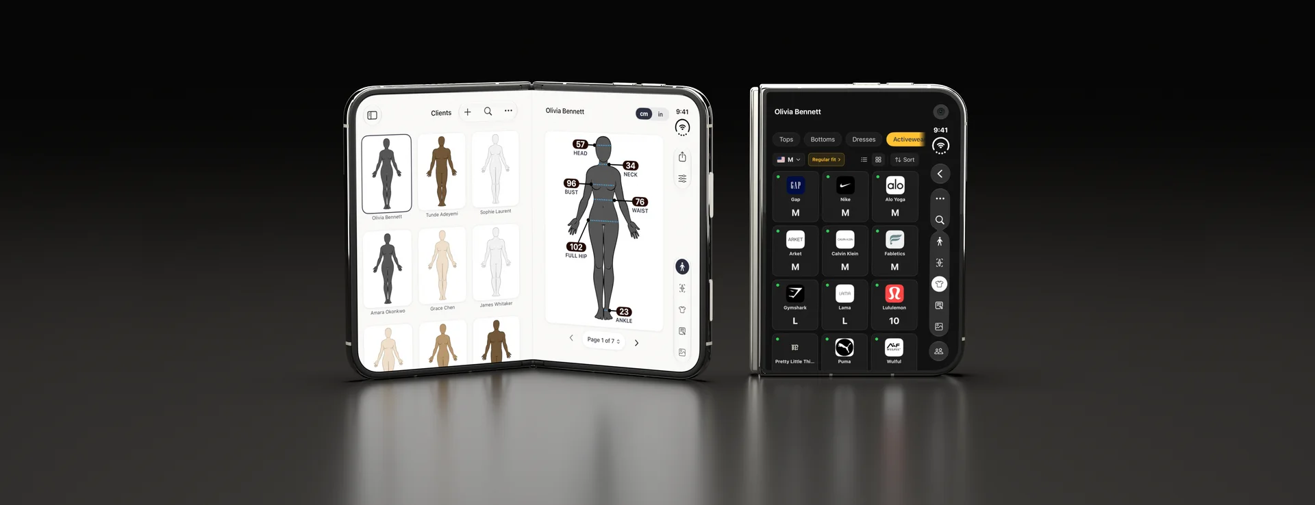 Two iPhone Duos on a dark glossy floor: one standing half open, showing Olivia Bennett's body measurements beside the client list, and one closed, showing her sizes at Gap, Nike, Alo Yoga, Lululemon and more.