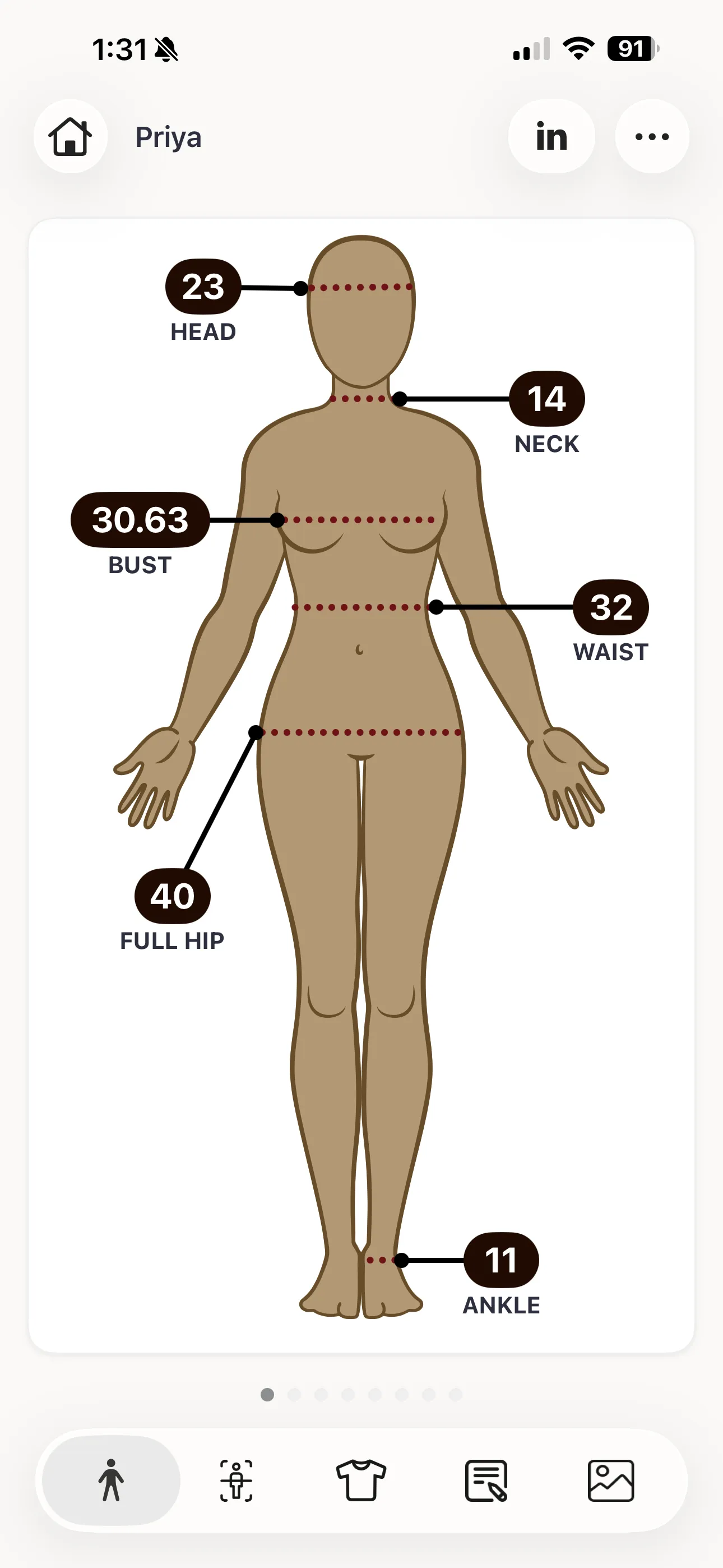 Priya's body measurements on iPhone, labelled on a figure: bust 30.63, waist 32, full hip 40, head 23, neck 14, ankle 11.