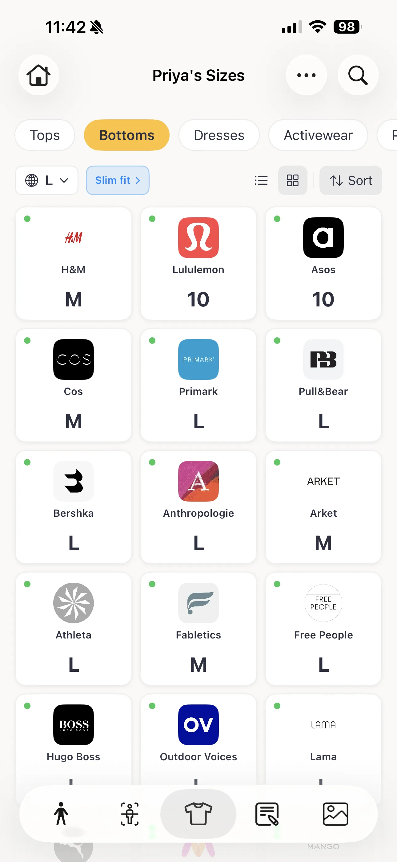 Brand size recommendations for Priya's profile on iPhone, showing picks across H&M, Lululemon, ASOS, COS, Anthropologie, and more.