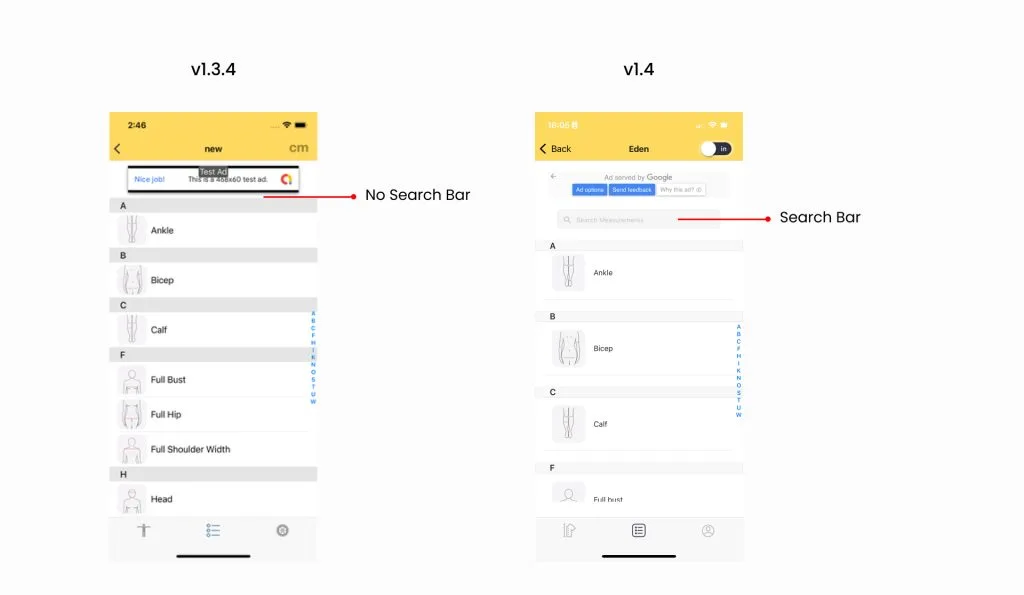 List page with search button.