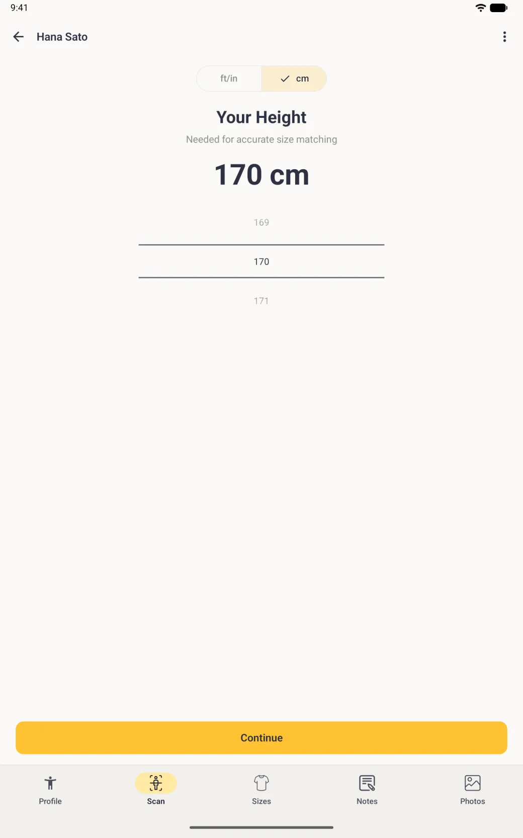 A Your Height screen inside the Scan tab with an ft/in and cm switch set to cm, a large reading of 170 cm, a scroll wheel showing 169, 170 and 171, a Tips for best results card with four tips, and a yellow Continue button above the profile tab bar.