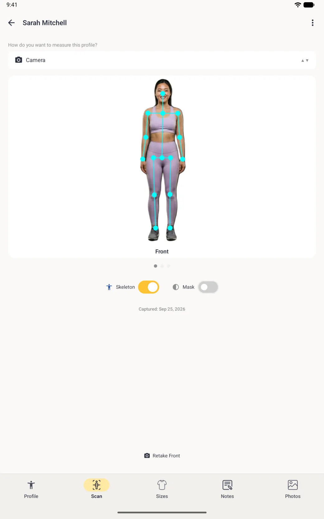 The same cut out photo with cyan dots on the nose, shoulders, elbows, wrists, hips, knees and ankles joined by cyan lines, and the Skeleton switch on in gold.