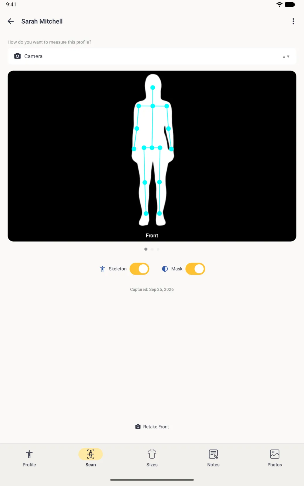A black card with a white silhouette of a standing figure and the cyan skeleton over it, labelled Front, with both the Skeleton and Mask switches on in gold.