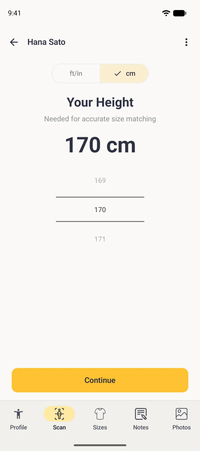 A Your Height screen inside the Scan tab with an ft/in and cm switch set to cm, a large reading of 170 cm, a scroll wheel showing 169, 170 and 171, a Tips for best results card, and a yellow Continue button above the profile tab bar.
