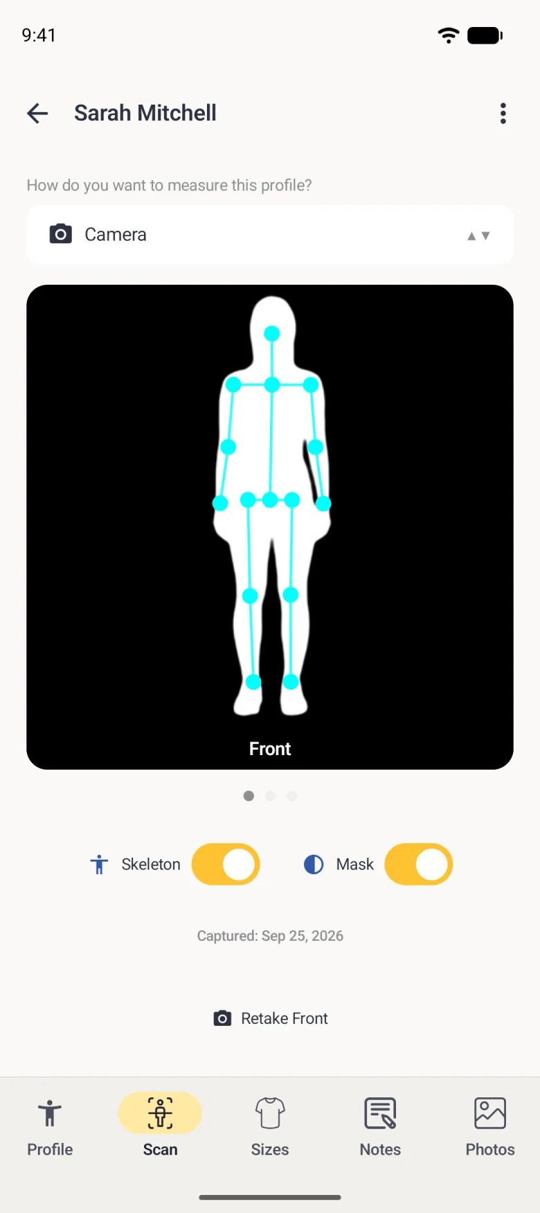 A black card with a white silhouette of a standing figure and the cyan skeleton over it, labelled Front, with both the Skeleton and Mask switches on in gold.