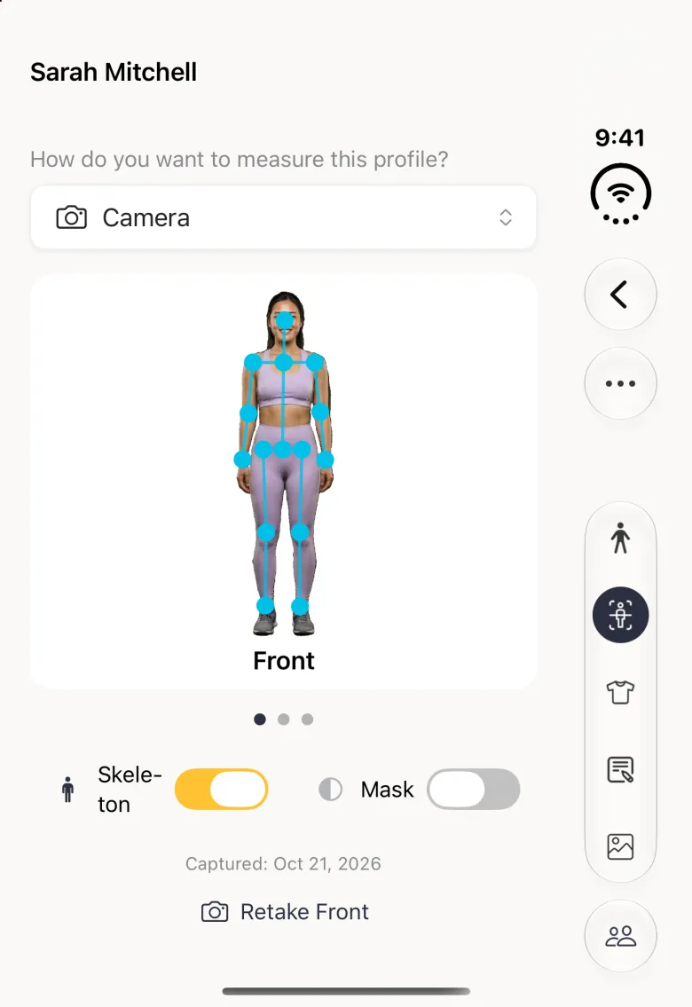 The front cut out photo in the Body Scan section on the closed Duo with bright blue dots on the nose, shoulders, elbows, wrists, hips, knees and ankles, joined by blue lines, and the Skeleton switch on in gold beside the Mask switch, still off; the section buttons stay in the vertical bar strip on the right.
