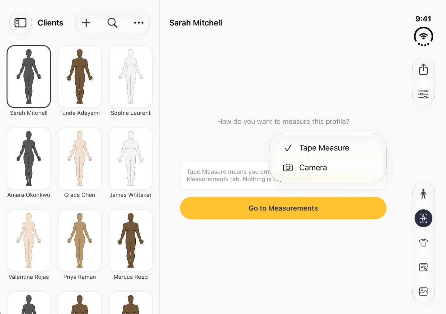Body Scan section of Sarah Mitchell's profile on the right of the split view, with an open menu under How do you want to measure this profile? listing Tape Measure with a tick and Camera with a camera icon, above a gold Go to Measurements button; the Clients grid is on the left and the vertical bar strip on the right edge holds share and options buttons and the five section buttons with Body Scan selected.