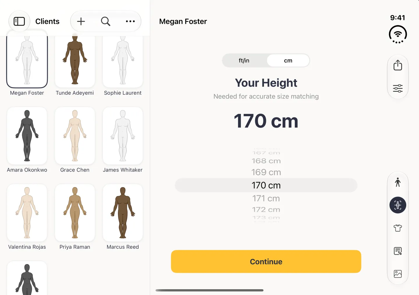 Clients split view on the open Duo in landscape: the client grid on the left with Megan Foster selected, and on the right her Body Scan section showing the Your Height screen under her name: an ft/in and cm switch set to cm, the title Your Height with Needed for accurate size matching below it, a large reading of 170 cm, a scroll wheel of heights and a gold Continue button; share and Profile Options sit at the top of the vertical bar strip on the right edge and the five section buttons, Body Scan selected, lower down it.