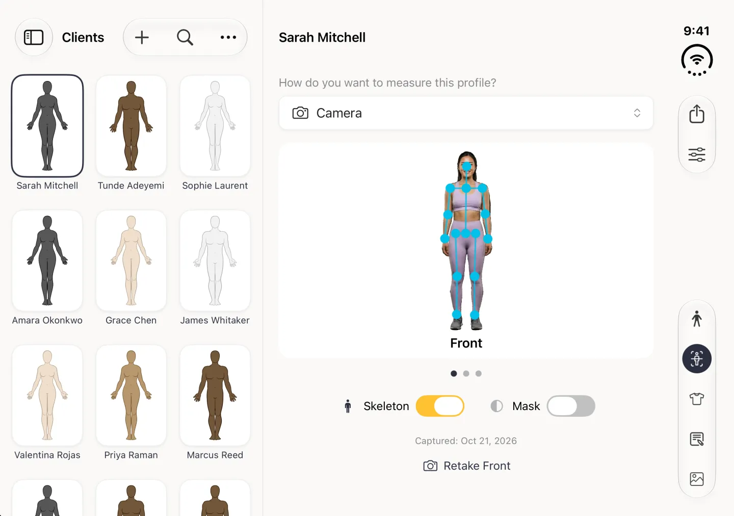 The front cut out photo in the Body Scan section of the split view with bright blue dots on the nose, shoulders, elbows, wrists, hips, knees and ankles, joined by blue lines, and the Skeleton switch on in gold beside the Mask switch, still off.