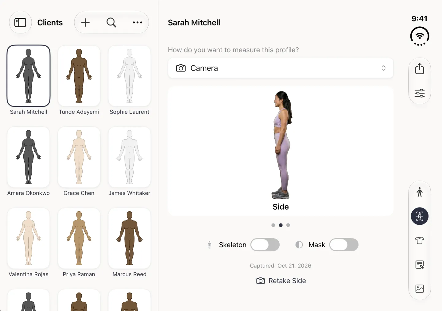 Body Scan section on the right of the split view showing the side-view photo of the scan labelled Side, with the middle of three page dots filled, Skeleton and Mask switches off and a Retake Side link.
