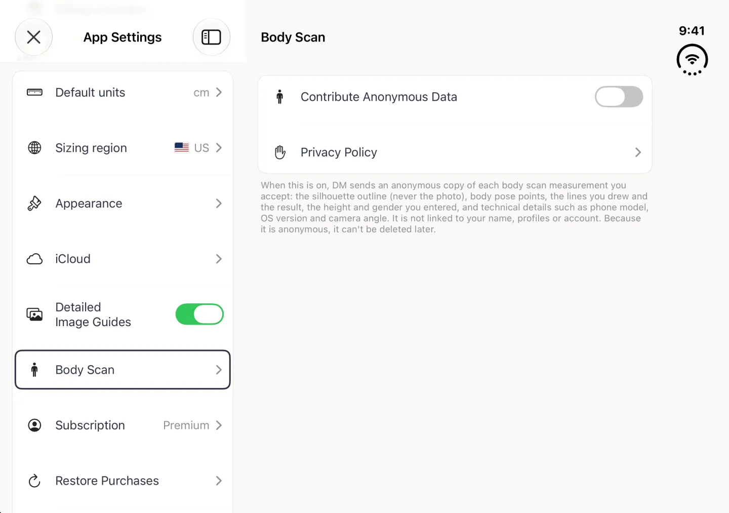 App Settings split view in landscape with the Body Scan row selected in the APP card on the left and the Body Scan settings page on the right: a Contribute Anonymous Data switch turned off, a Privacy Policy row, and a paragraph explaining that DM sends the silhouette outline (never the photo), body pose points, the lines drawn and the result, the height and gender entered and technical details, that it is not linked to your name, profiles or account, and that it can't be deleted later.