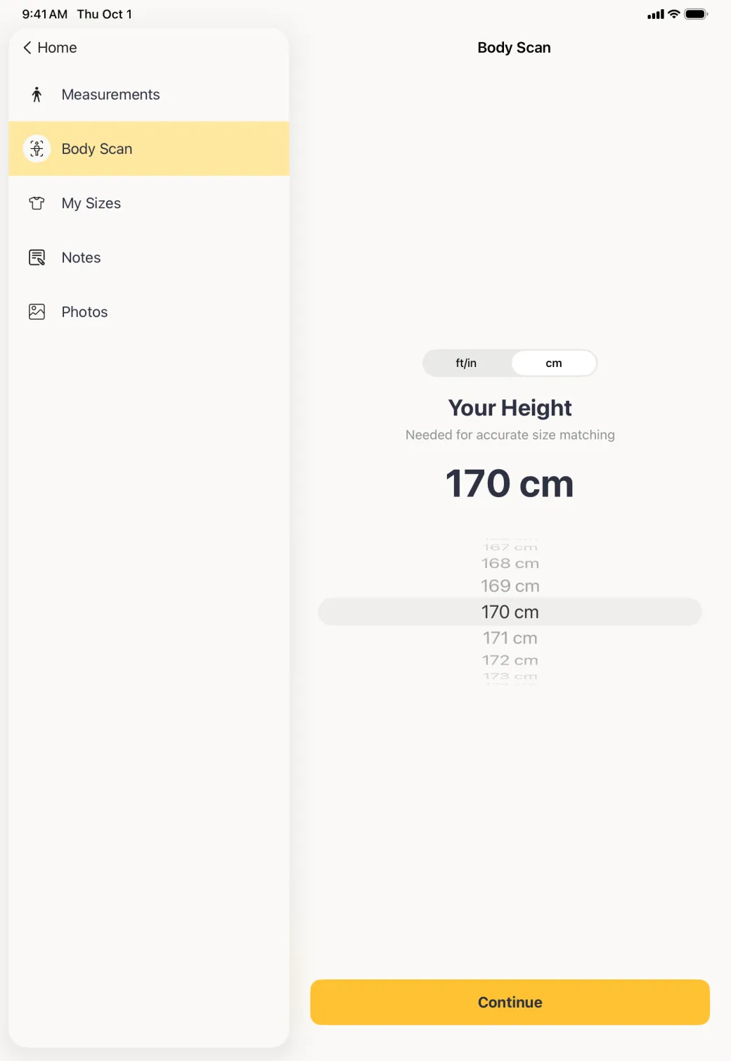 A Your Height pane beside the profile sidebar, with a unit switch set to centimetres, a large reading of 170 cm, a scroll wheel of heights, and a card of tips for best results.