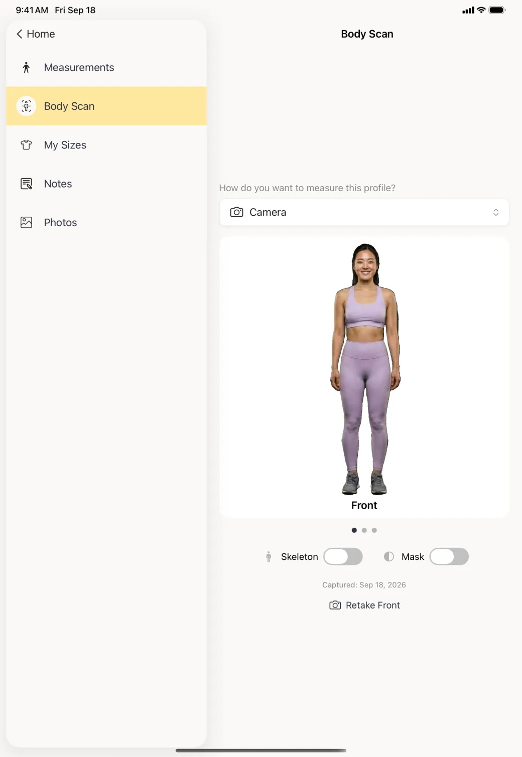 A Body Scan pane showing a front-facing photo of a person with the background removed, three page dots, Skeleton and Mask switches and a capture date, with the profile sidebar alongside.