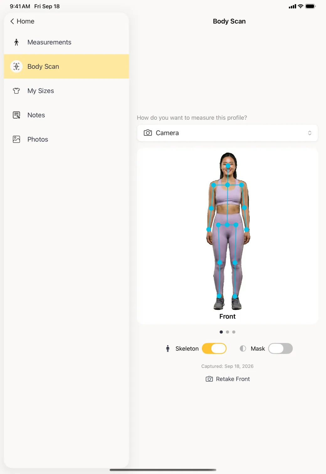 The same cut out photo with bright blue dots on the nose, shoulders, elbows, wrists, hips, knees and ankles, joined by blue lines, and the Skeleton switch on in gold.