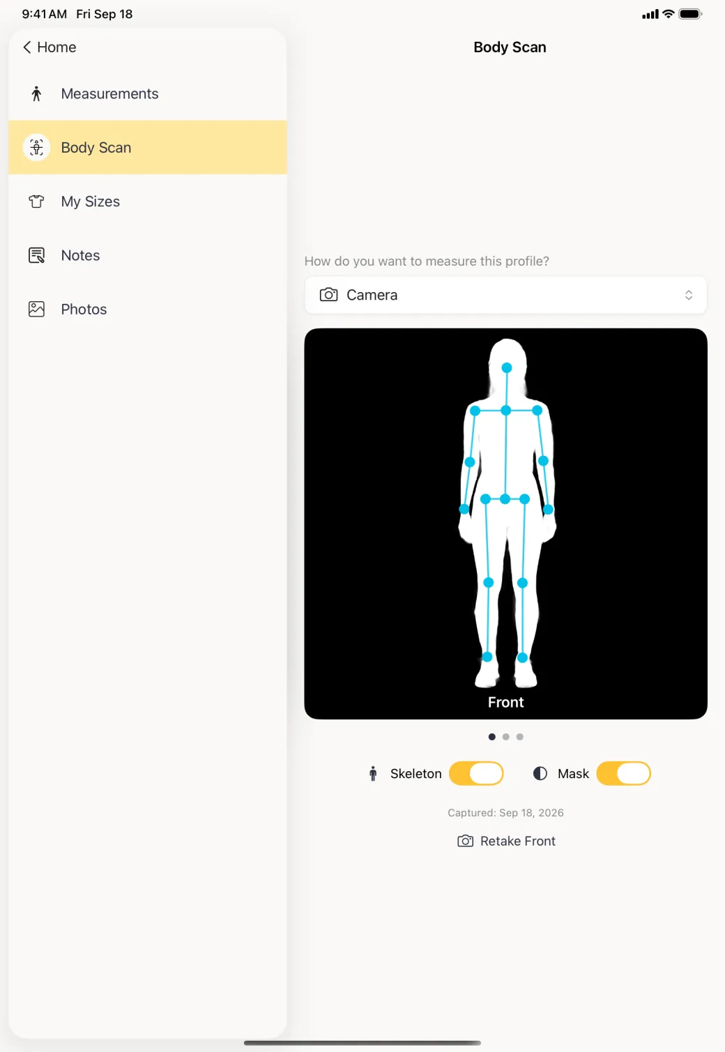 A white silhouette of a standing figure on a black background in the Body Scan pane beside the profile sidebar, with the blue skeleton overlaid on top and both the Skeleton and Mask switches on.