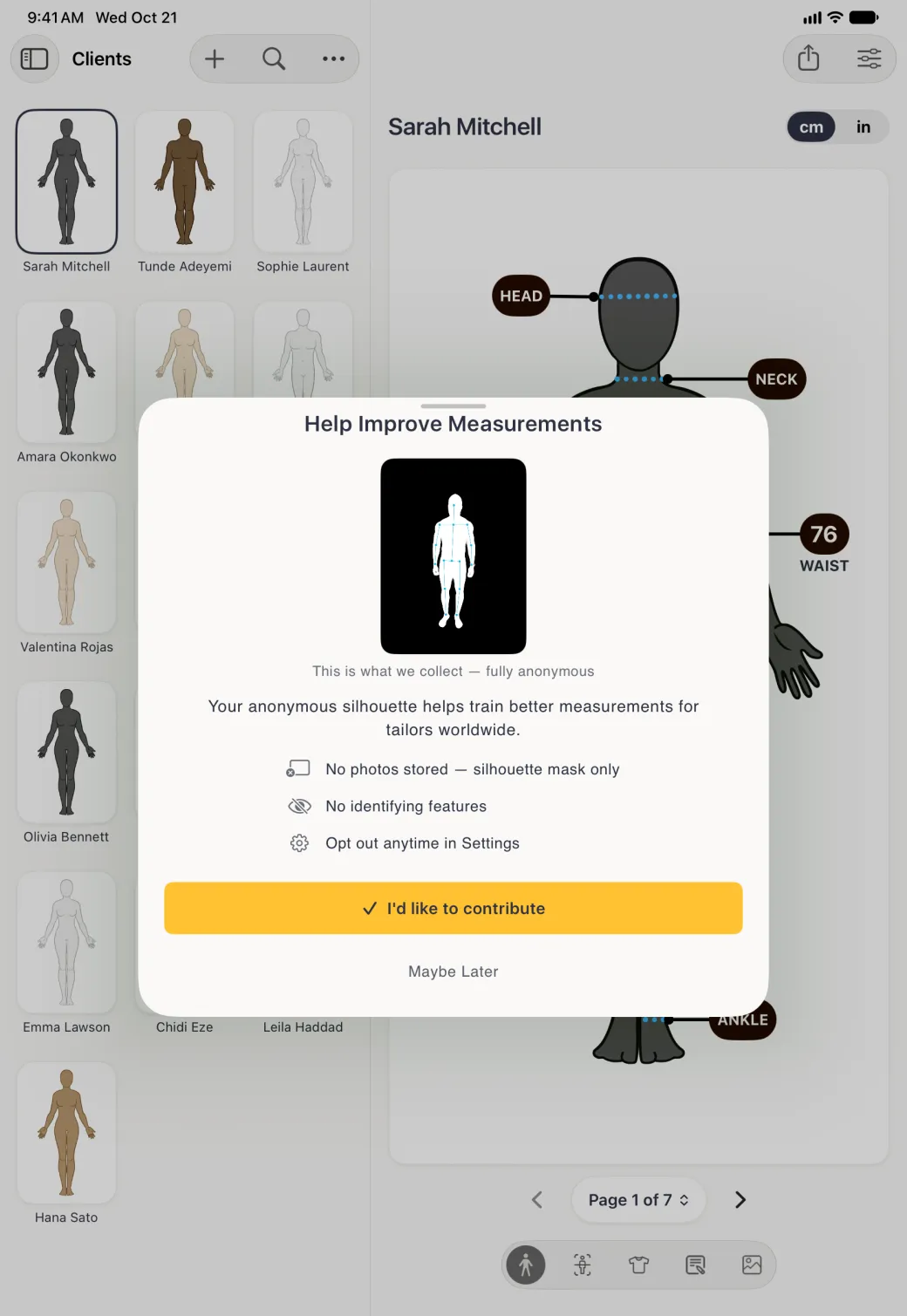 A wide light grey card titled Help Improve Measurements centred on a near-black screen that hides the whole app and its sidebar, with a white body outline and pose points on a black panel, the caption This is what we collect, fully anonymous, the line Your anonymous silhouette helps train better measurements for tailors worldwide, three points reading No photos stored, silhouette mask only, No identifying features and Opt out anytime in Settings, a gold I'd like to contribute button and a Maybe Later link.