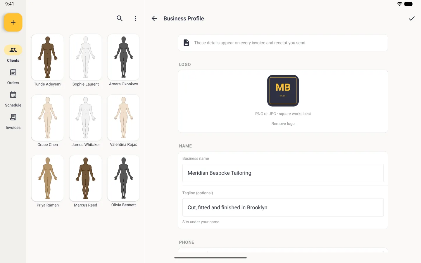 Business Profile in the right-hand pane beside the client grid, with a note that these details appear on every invoice and receipt, a navy square MB logo lettered in gold with a Remove logo link under it, the business name Meridian Bespoke Tailoring and the tagline Cut, fitted and finished in Brooklyn.