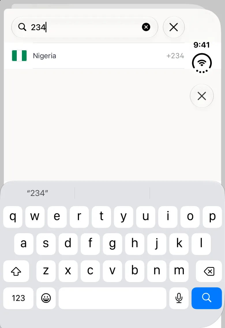 Country picker on the closed iPhone Duo with 234 typed into the search field, now at the top of the content column beside a round cancel button, a single result, Nigeria with its flag and the code +234, the sheet's close button (a cross) in the vertical bar strip on the right edge, and the on-screen keyboard across the lower half of the screen.