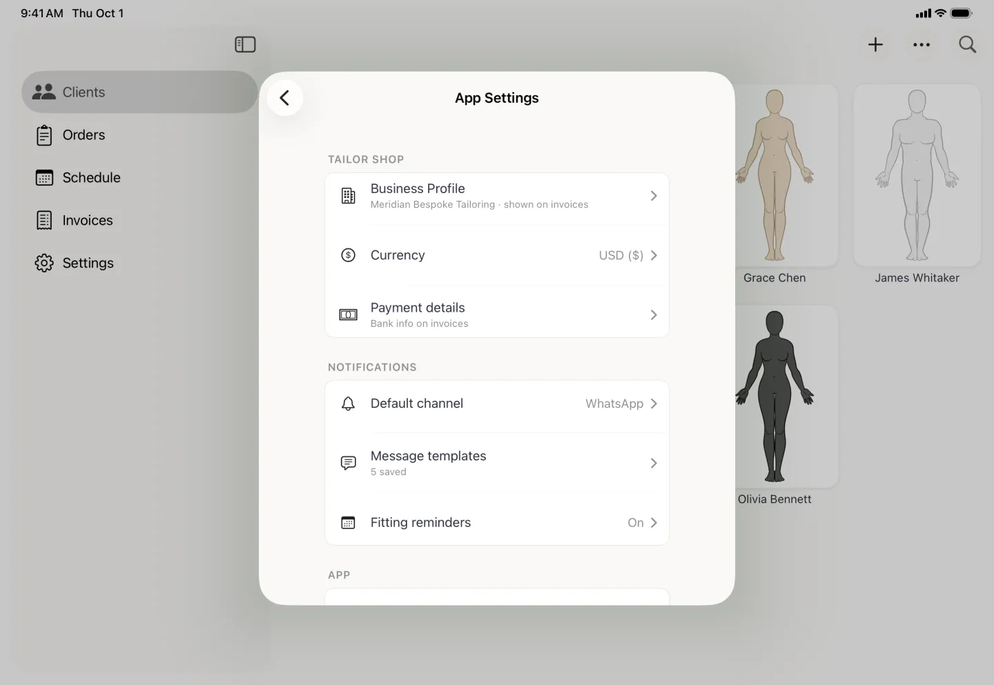 App Settings open as a centred card over the client grid and the Tailor Shop sidebar, listing Business Profile showing Meridian Bespoke Tailoring, Currency showing USD and Payment details under a Tailor Shop heading, then Default channel showing WhatsApp, Message templates showing 4 saved and Fitting reminders showing On under Notifications.