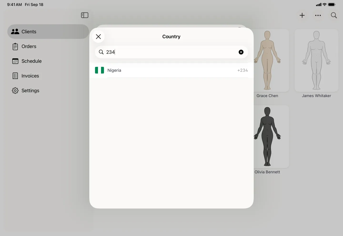 Country picker centred over the dimmed split view with 234 typed into its search field and a single result, Nigeria, showing the code plus 234.