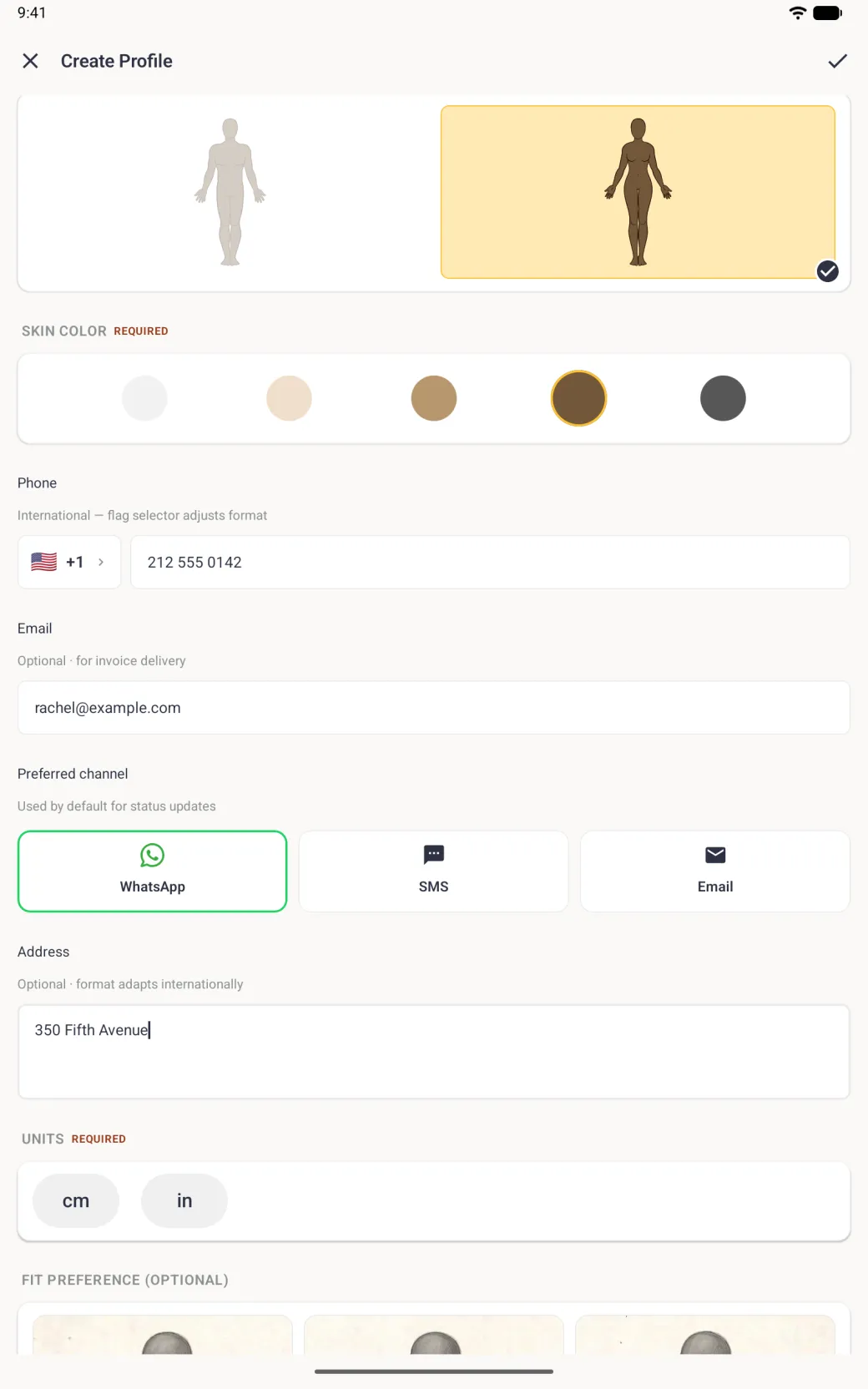Client form showing the phone 212 555 0142, the email rachel@example.com, three wide channel cards with WhatsApp outlined in green, and an address box reading 350 Fifth Avenue, above the cm and in Units buttons.