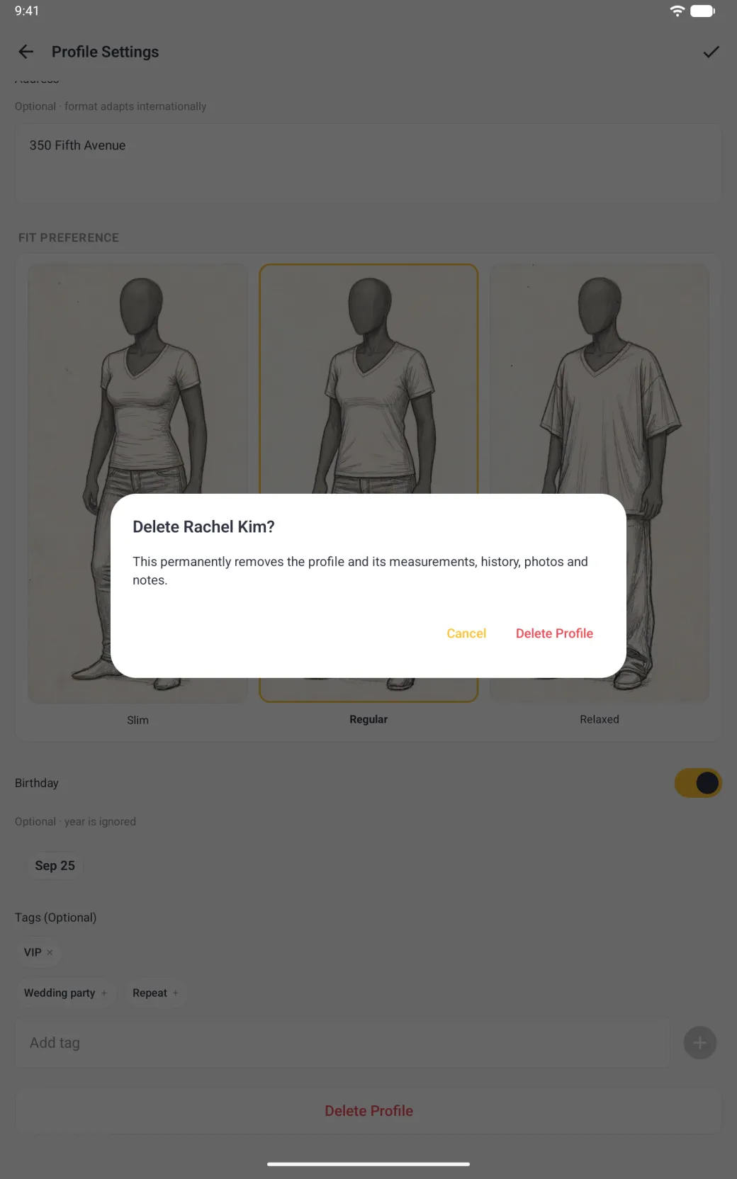 Dialog titled Delete Rachel Kim? explaining that it permanently removes the profile and its measurements, history, photos and notes, with a gold Cancel and a red Delete Profile, over the dimmed bottom of Profile Settings.