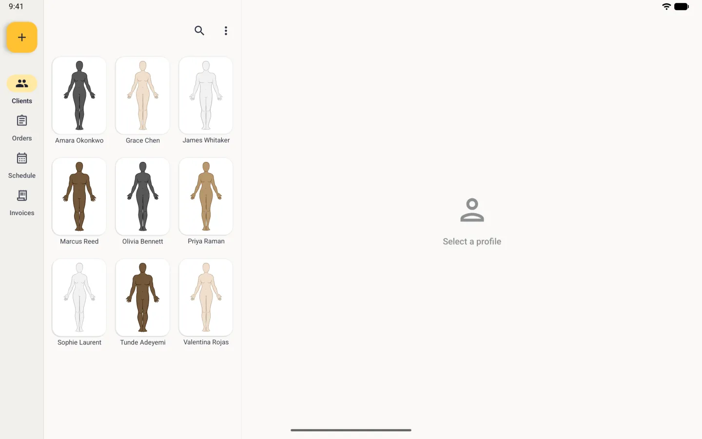 Clients grid of three columns in alphabetical order, Amara Okonkwo, Grace Chen and James Whitaker, then Marcus Reed, Olivia Bennett and Priya Raman, then Sophie Laurent, Tunde Adeyemi and Valentina Rojas, beside the navigation rail and an empty detail pane reading Select a profile.
