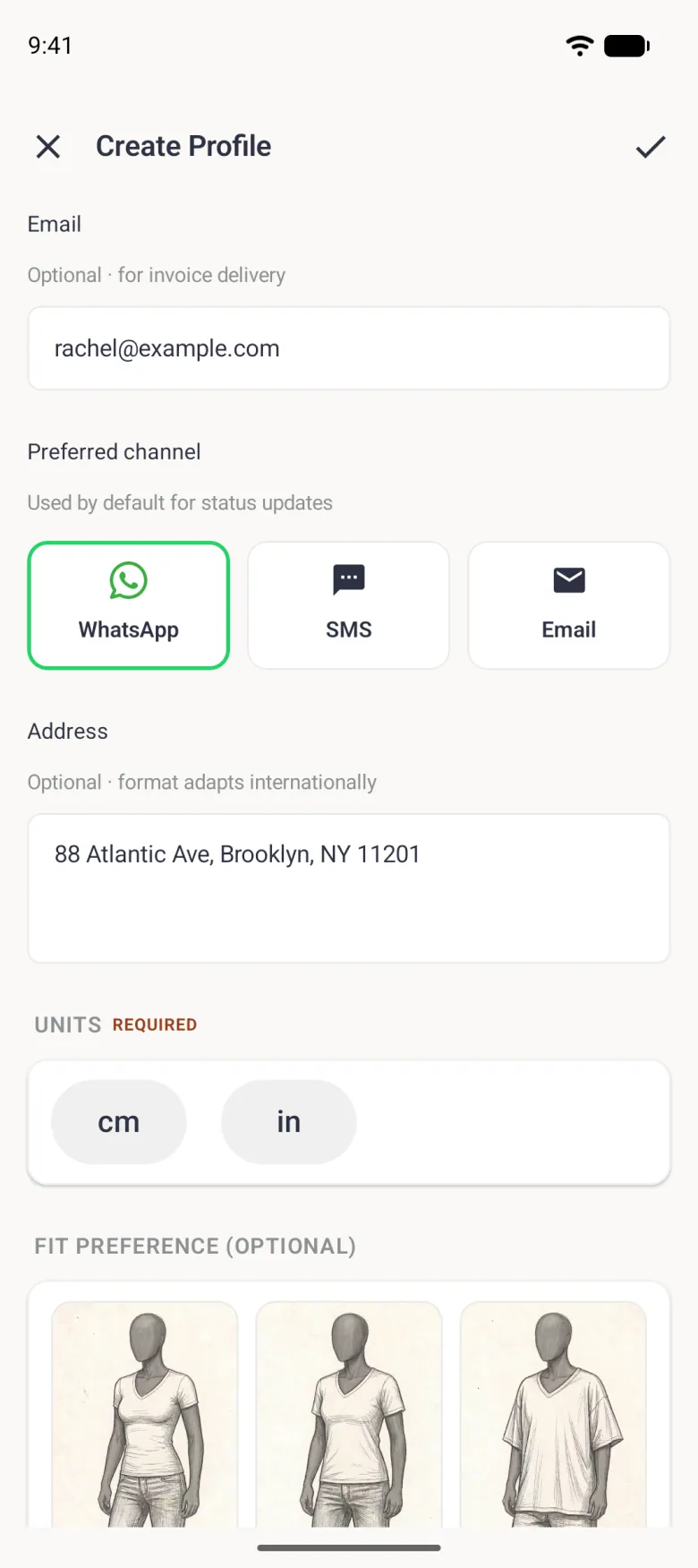 Client form showing rachel@example.com, Preferred channel cards for WhatsApp outlined in green, SMS and Email, an address box reading 88 Atlantic Ave, Brooklyn, NY 11201, and the Units and Fit Preference sections below.