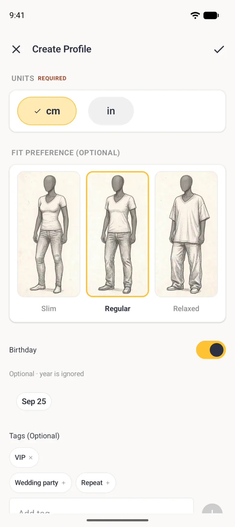 Lower part of the client form with cm ticked, a Regular fit preference outlined in gold, the Birthday switch on with a Sep 25 chip, an applied VIP tag with a cross, and suggestions for Wedding party and Repeat with plus signs.