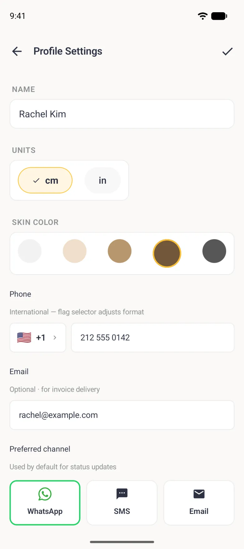 Profile Settings for Rachel Kim with a Name field, cm ticked under Units, the brown skin tone ringed in gold, a Phone row with plus 1 and 212 555 0142, the email rachel@example.com, and Preferred channel cards with WhatsApp outlined in green.