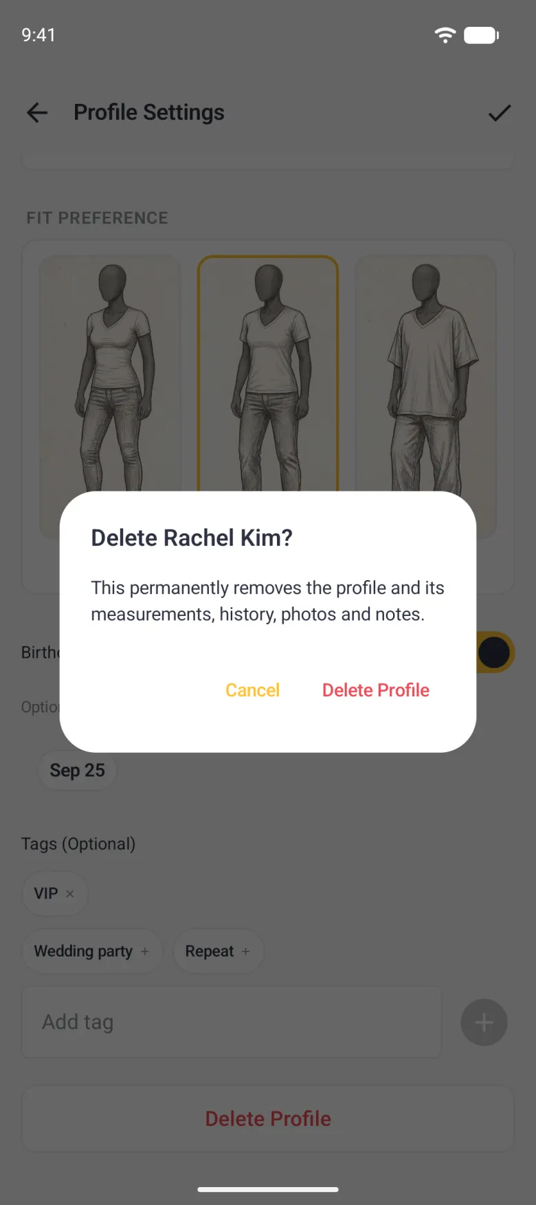 Material dialog titled Delete Rachel Kim? saying it permanently removes the profile and its measurements, history, photos and notes, with a gold Cancel and a red Delete Profile, over the dimmed Profile Settings form.