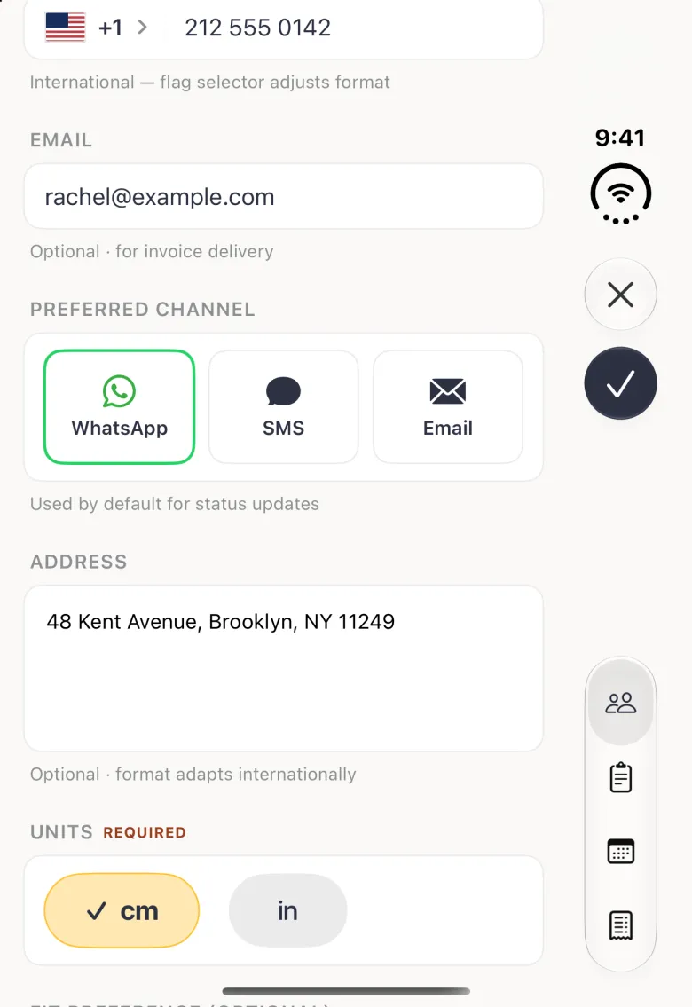 Client form on the closed iPhone Duo scrolled to show the phone field with a US flag and +1 212 555 0142 at the top edge, her email under EMAIL, three PREFERRED CHANNEL cards with WhatsApp outlined in green, an ADDRESS box reading 48 Kent Avenue, Brooklyn, NY 11249, and the UNITS card with cm ticked; the cross and navy checkmark buttons and the four tab buttons sit in the vertical bar strip on the right edge, and the form keeps its normal left margin.