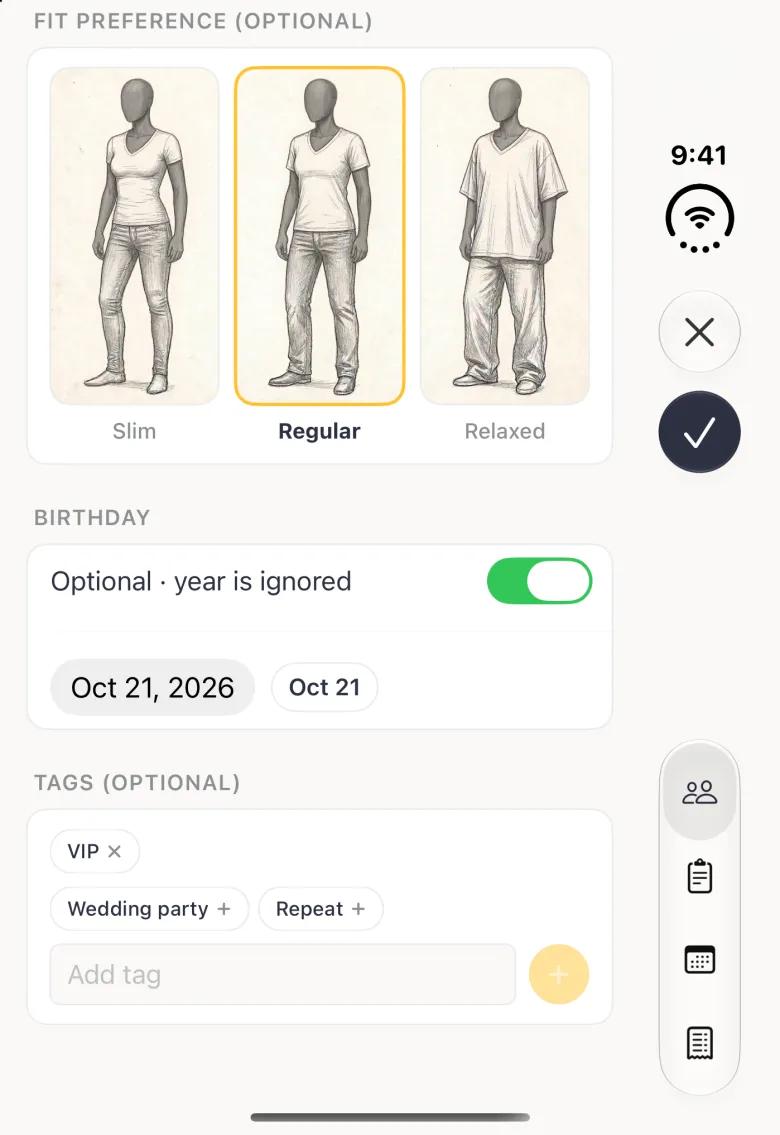 Lower part of the client form on the closed iPhone Duo: the FIT PREFERENCE card with Regular outlined in gold, the Birthday switch on in green with an Oct 21, 2026 date button and an Oct 21 chip, an applied VIP tag with a cross, and the remaining suggestions Wedding party and Repeat above an Add tag field; the cross and navy checkmark buttons and the four tab buttons sit in the vertical bar strip on the right edge.