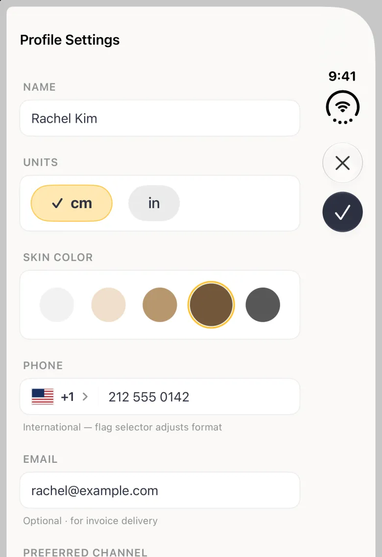 Profile Settings sheet on the closed iPhone Duo with a cross button and a navy checkmark button stacked in the vertical bar strip on the right edge: the name Rachel Kim in a white card under NAME, cm and in buttons under UNITS with cm ticked, five skin tone circles under SKIN COLOR with brown ringed in gold, then PHONE +1 212 555 0142, EMAIL with an address and the PREFERRED CHANNEL heading at the bottom edge.