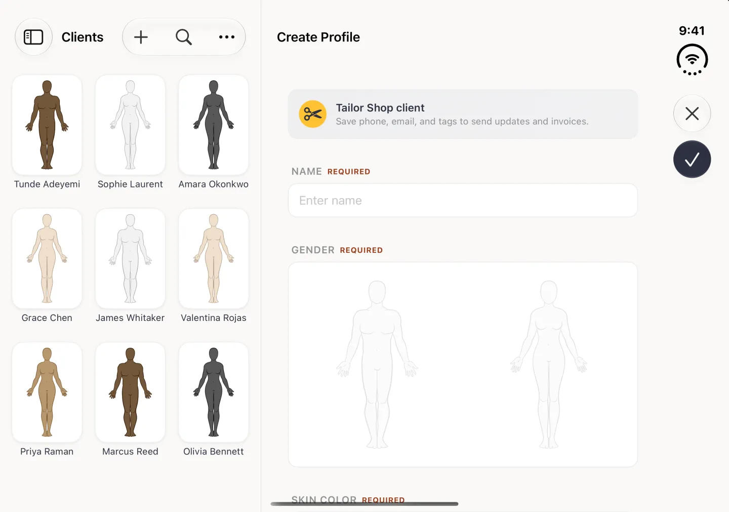 Clients split view in landscape on the open Duo: the client grid stays on the left and the Create Profile form, titled Create Profile, opens in a column on the right, with a Tailor Shop client banner and its gold scissors badge, an empty name field under NAME REQUIRED, the man and woman outlines in a white card under GENDER REQUIRED and the SKIN COLOR REQUIRED heading at the bottom; the close (cross) and navy checkmark buttons sit in the vertical bar strip on the right edge.