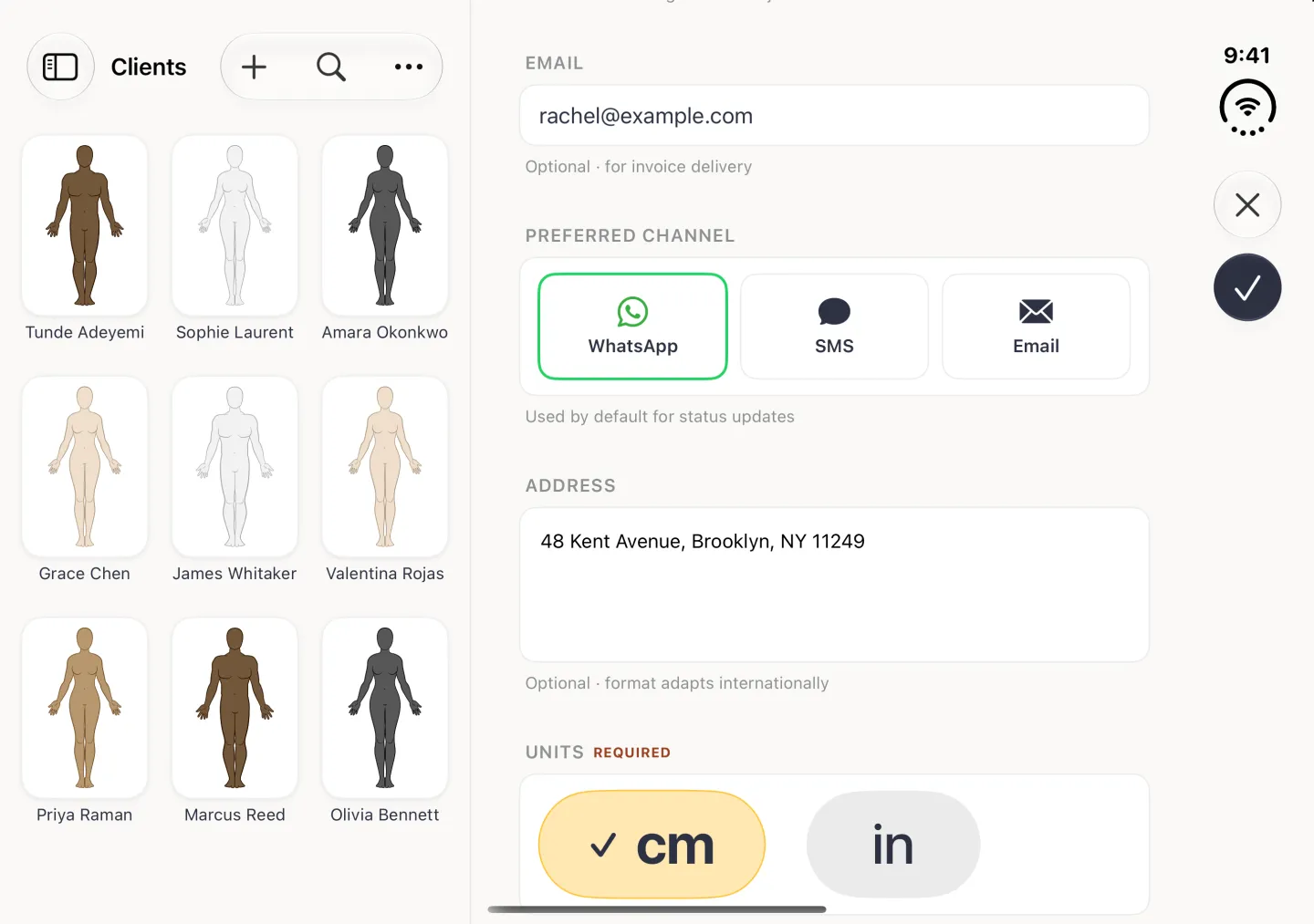 Create Profile form scrolled down in its column beside the Clients grid on the open Duo in landscape: her email under EMAIL, three PREFERRED CHANNEL cards with WhatsApp outlined in green, an ADDRESS box reading 48 Kent Avenue, Brooklyn, NY 11249, and the UNITS card with cm ticked at the bottom; the close and navy checkmark buttons sit in the vertical bar strip on the right edge.