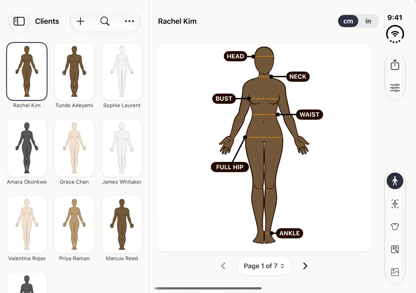 The new client Rachel Kim open in landscape: the Clients grid on the left with her card first and outlined, and on the right her name above a cm and in switch with cm selected, a brown-toned woman avatar labelled head, neck, bust, waist, full hip and ankle, and a Page 1 of 7 control; share and options buttons sit at the top of the vertical bar strip on the right edge and the five section buttons (Measurements selected, Body Scan, Sizes, Notes, Photos) below them.