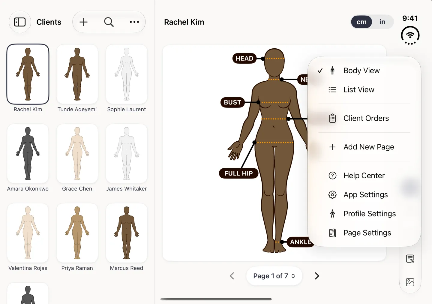 Client options menu open beside the vertical bar strip on the right edge, listing Body View with a tick, List View, Client Orders, Add New Page, Help Center, App Settings, Profile Settings and Page Settings, over Rachel Kim's avatar, with the Clients grid on the left.
