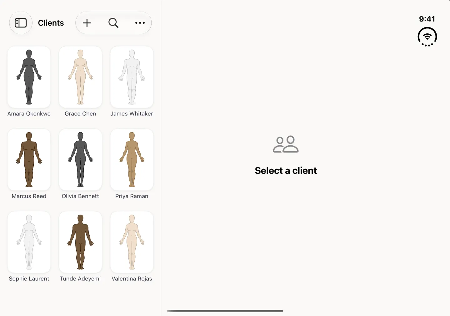Clients grid on the left in landscape in alphabetical order, three to a row: Amara Okonkwo, Grace Chen and James Whitaker, then Marcus Reed, Olivia Bennett and Priya Raman, then Sophie Laurent, Tunde Adeyemi and Valentina Rojas, with Select a client in the pane on the right.