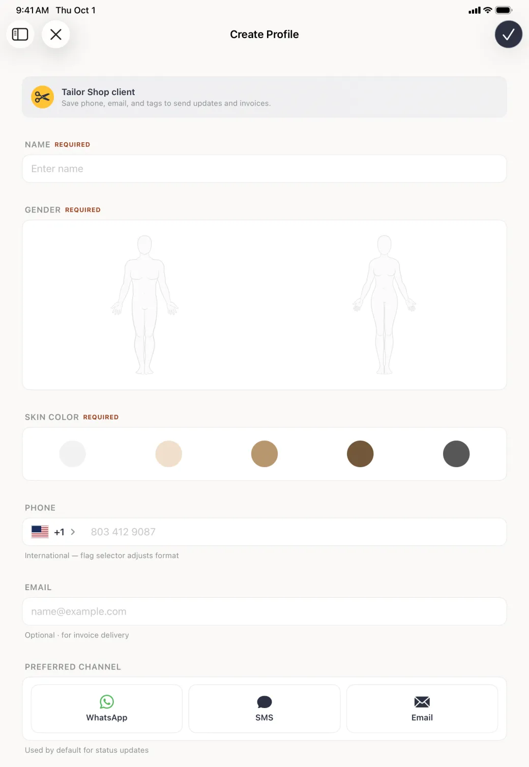 Create Profile form filling the iPad screen in portrait, headed by a Tailor Shop client banner, with fields for name, two body type figures and five skin tone circles, an international phone row with a country selector, an email field and three preferred channel cards.