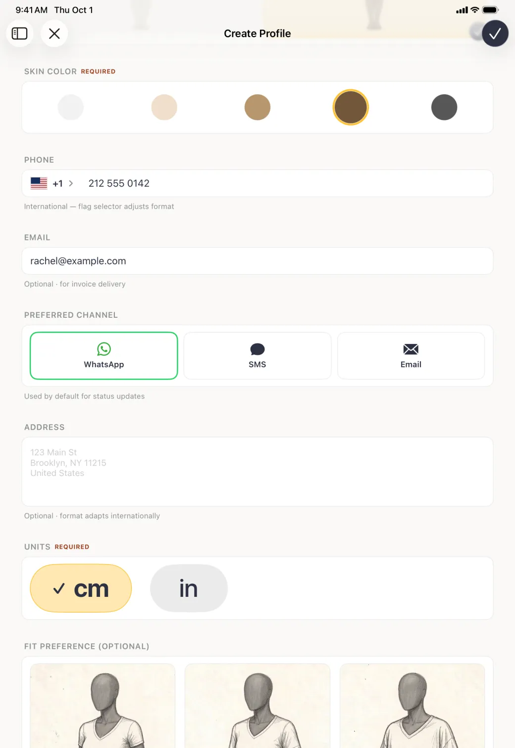 Create Profile form showing the phone number 212 555 0142 beside a United States flag, the email rachel at example dot com, and three preferred channel cards for WhatsApp, SMS and Email with WhatsApp outlined in green.