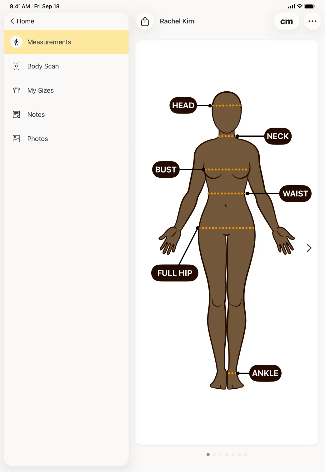 The new client Rachel Kim open in the profile split view, with a sidebar listing Measurements, Body Scan, My Sizes, Notes and Photos under a Home button, beside a brown avatar whose Head, Neck, Bust, Waist, Full Hip and Ankle labels carry no values yet.