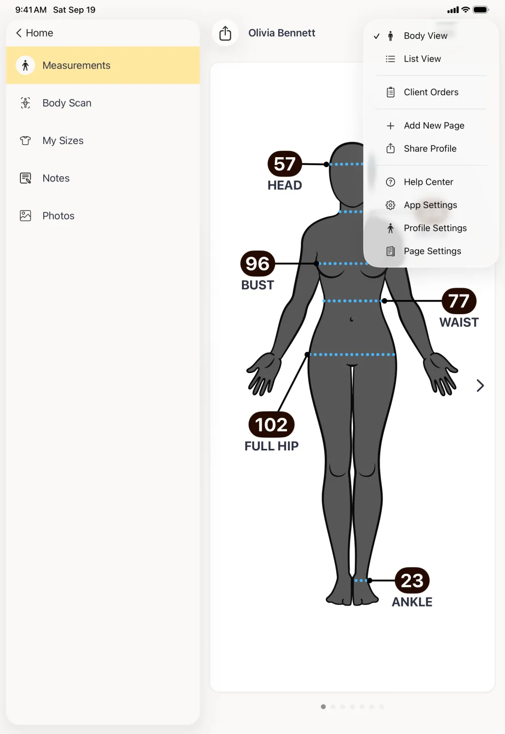 Menu open under the three dot button on Olivia Bennett's profile in the split view, listing Body View with a tick, List View, Client Orders, Add New Page, Share Profile, Help Center, App Settings, Profile Settings and Page Settings, beside a profile sidebar reading Measurements, Body Scan, My Sizes, Notes and Photos under a Home button.