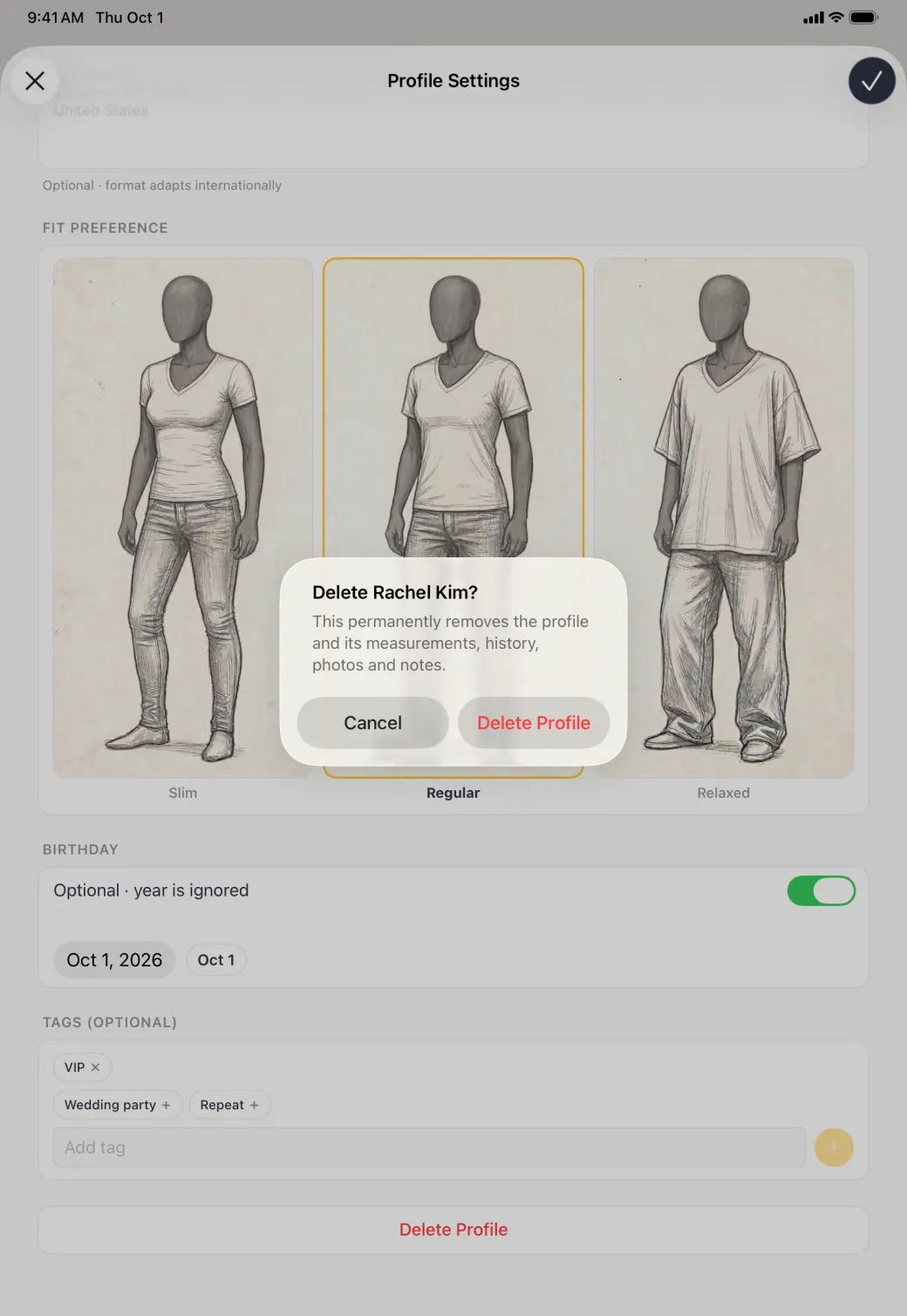 Alert centred on the dimmed Profile Settings sheet, titled Delete Rachel Kim? and warning that this permanently removes the profile and its measurements, history, photos and notes, with a Cancel button and a red Delete Profile button.