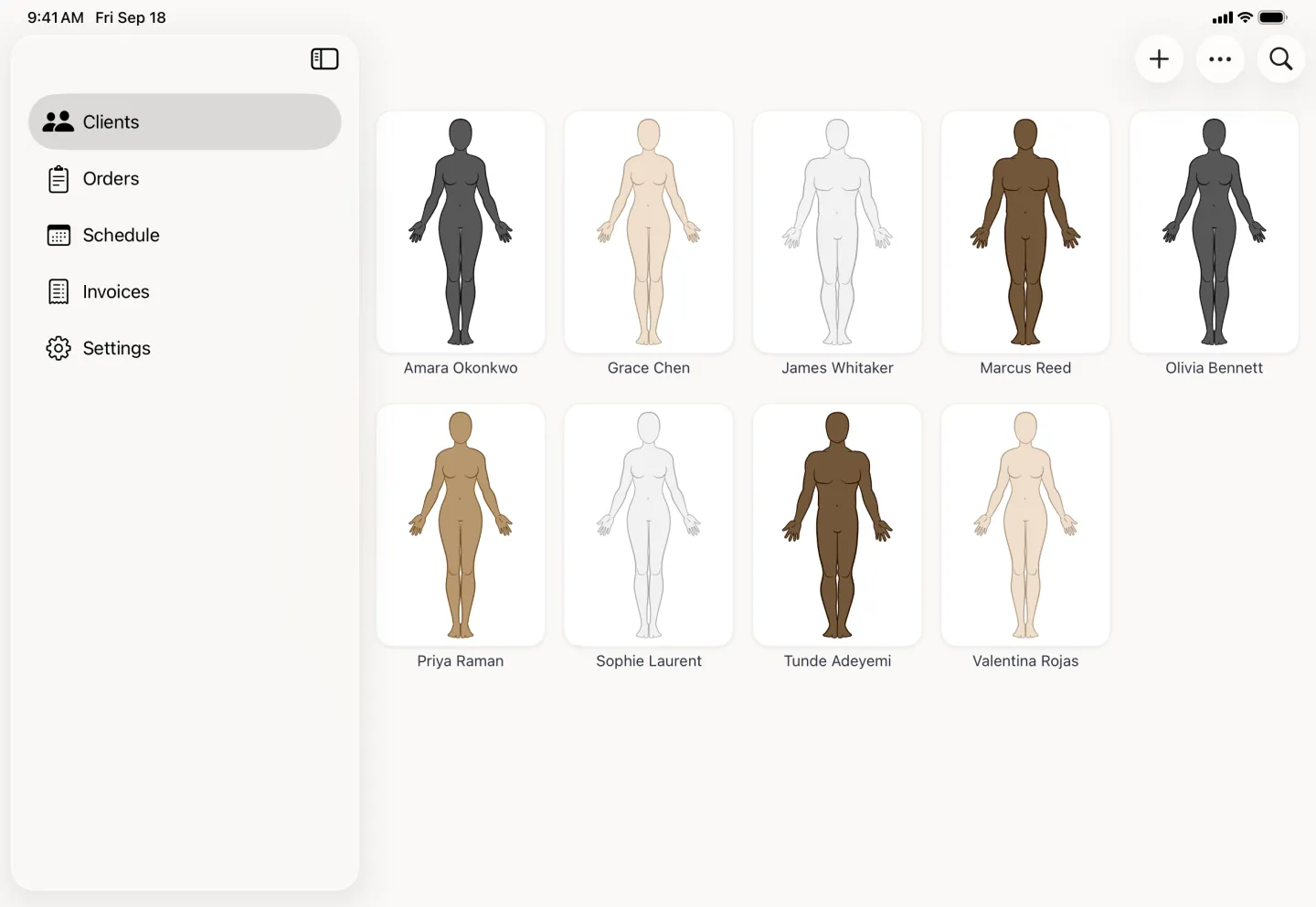 Client grid in alphabetical order beside the sidebar, running Amara Okonkwo, Grace Chen, James Whitaker, Marcus Reed and Olivia Bennett across the first row and Priya Raman, Sophie Laurent, Tunde Adeyemi and Valentina Rojas across the second.