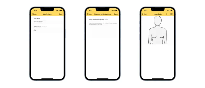 Label details screen with name, instructions, and image guide fields.