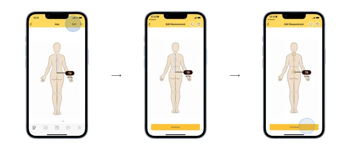 Activating a custom measurement line in edit mode; line turns yellow with double circles at the endpoints.