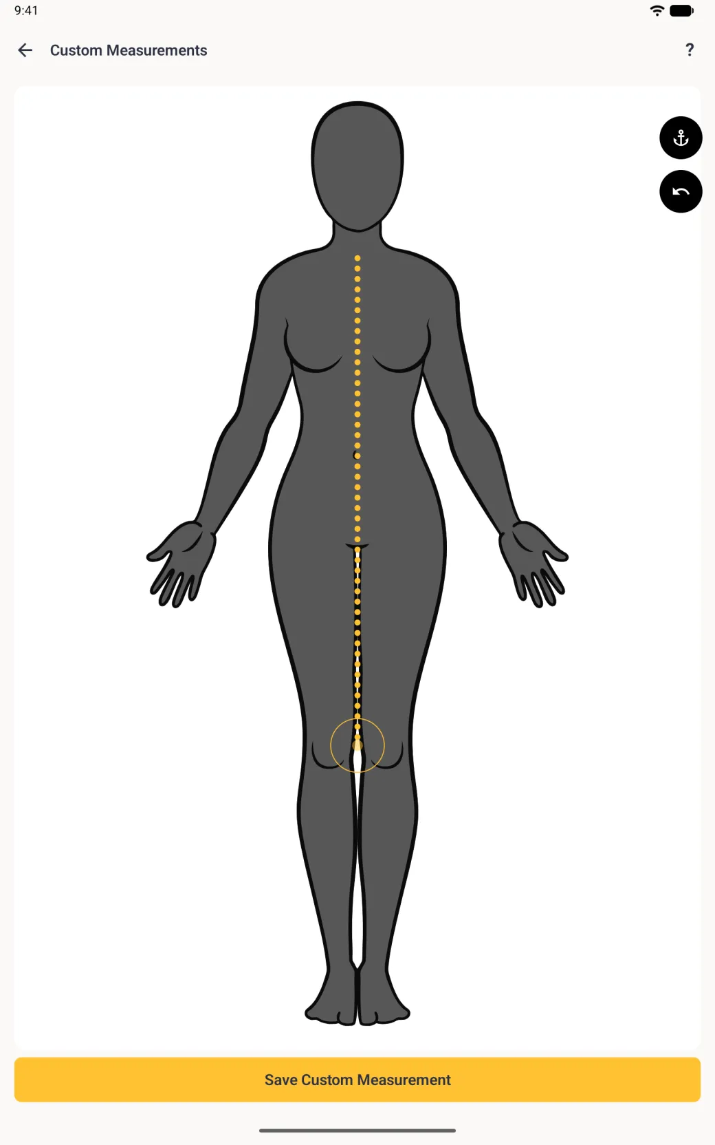 The charcoal figure with a gold dotted line running from the base of the neck straight down the front of the body to the knees, ending in a gold circle, round black anchor and undo buttons at the right edge and a yellow Save Custom Measurement button below.