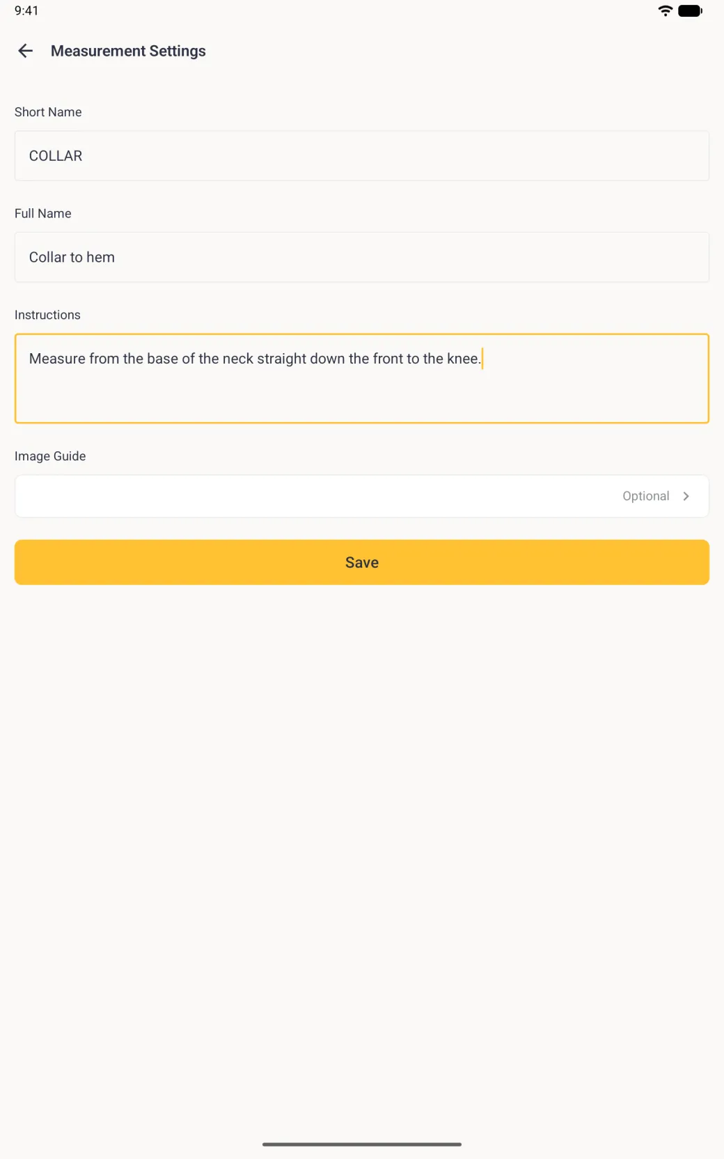 A Measurement Settings page with Short Name COLLAR, Full Name Collar to hem, the instructions Measure from the base of the neck straight down the front to the knee, an Image Guide row reading Optional and a solid gold full-width Save button, with empty space below.